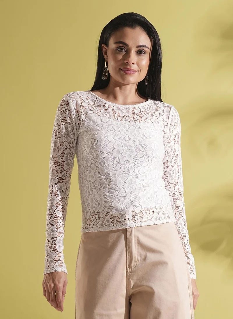 جلو باص بلوزة نسائية بأكمام طويلة من الدانتيل بتصميم زهور بياقة قارب من جلوبس